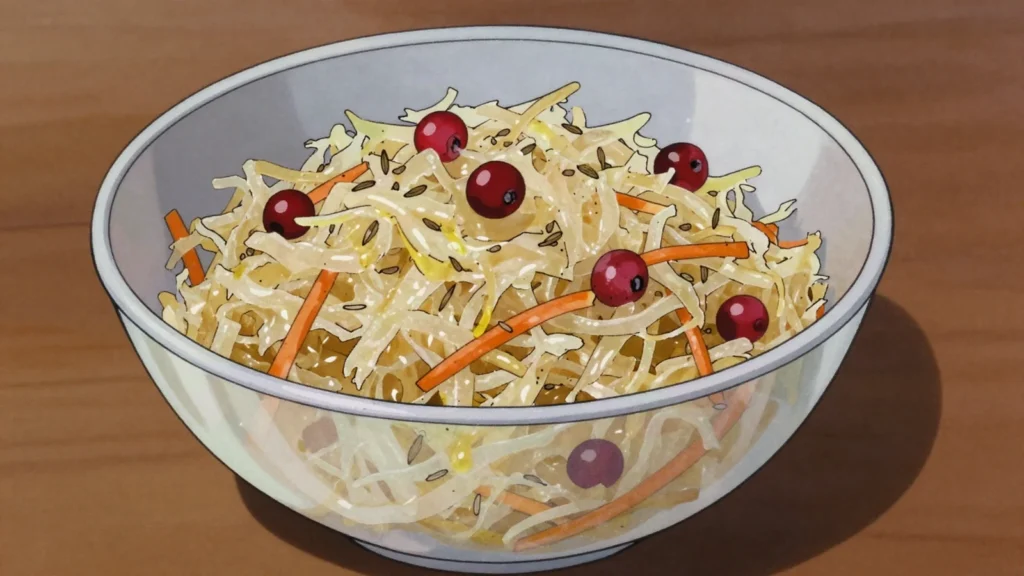 Rauginti kopūstai, barrel sauerkraut eaten cold with oil or stewed with pork ribs, Lithuania fermented & pickled, anime style