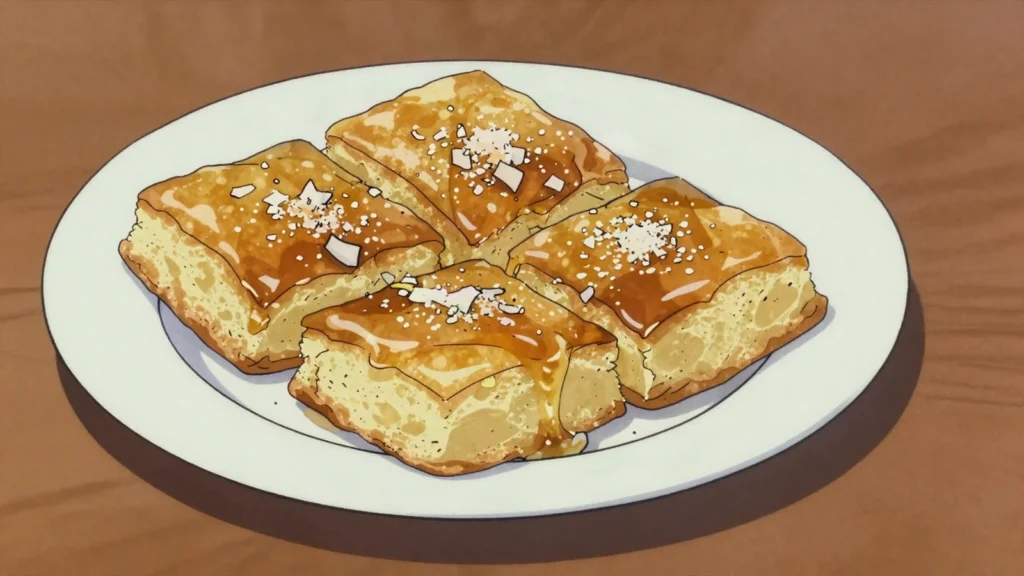 Ravanija, syrup-soaked semolina sponge cake, North Macedonia dessert, anime style