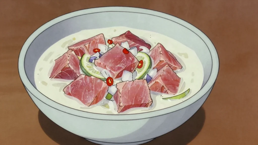 Raw Fish in Coconut Cream, fresh tuna or reef fish with lime and thick coconut cream, Tuvalu main, anime style