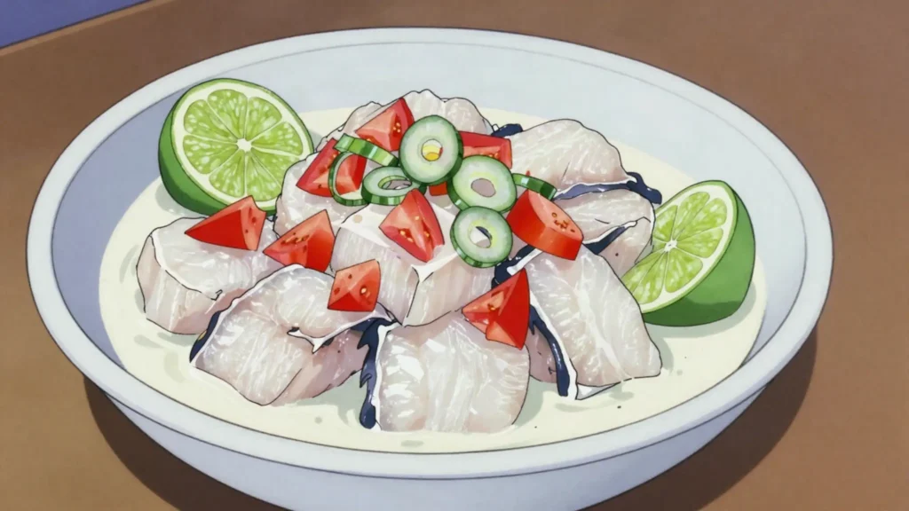Raw Fish in Coconut Milk, fresh reef fish marinated in lime juice and coconut cream, Kiribati main, anime style