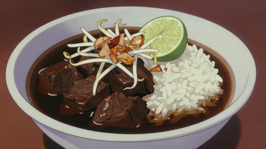 Rawon, east Javanese black beef soup coloured by keluak nuts, Indonesia soup & stew, anime style