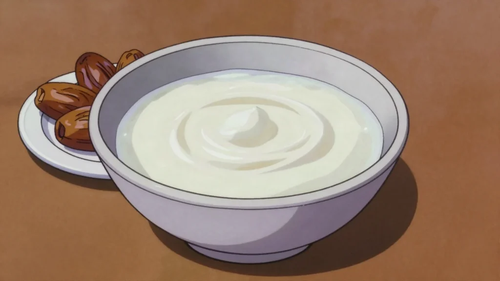 Rayeb, naturally soured raw milk, thick and tangy, drunk plain or with dates, Saudi Arabia fermented & pickled, anime style