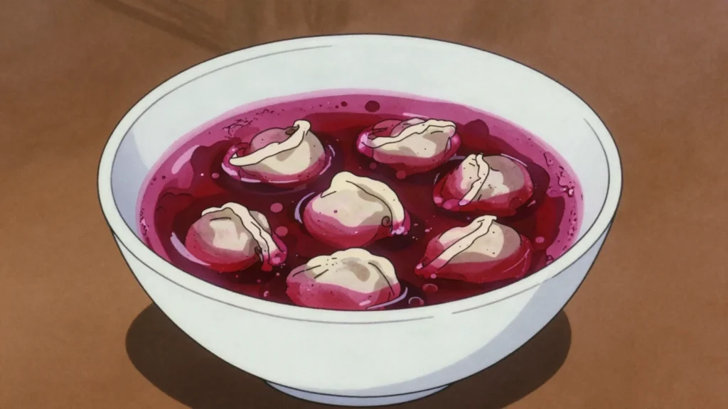Red borscht, clear beet broth with tiny uszka dumplings, Christmas Eve, Poland soup & stew, anime style