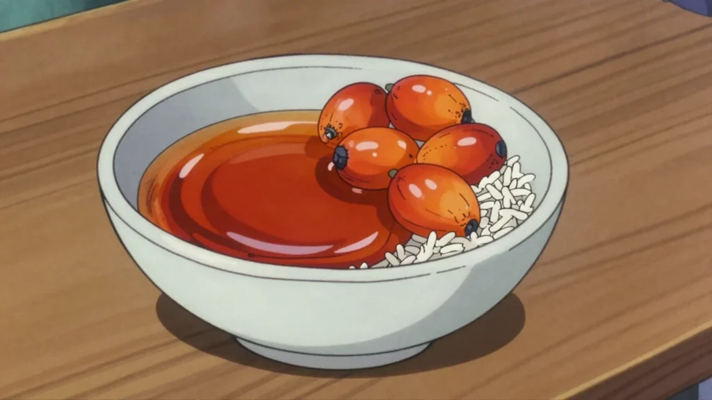 Red palm oil, deep orange unrefined palm oil, the cooking fat of every stew, Sierra Leone sauce & condiment, anime style