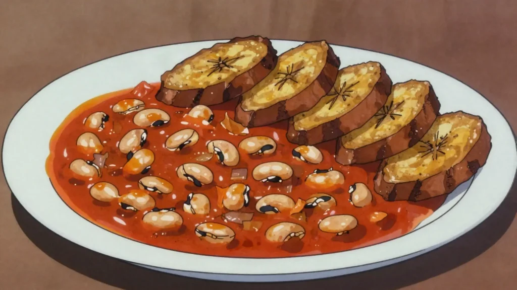 Red red, black-eyed pea palm-oil stew with fried ripe plantain, Ghana main, anime style