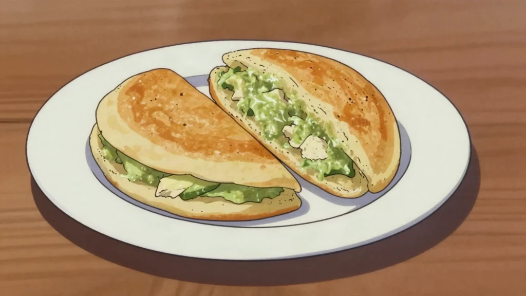 Reina pepiada, arepa filled with chicken and avocado mashed with mayonnaise, Venezuela street food, anime style