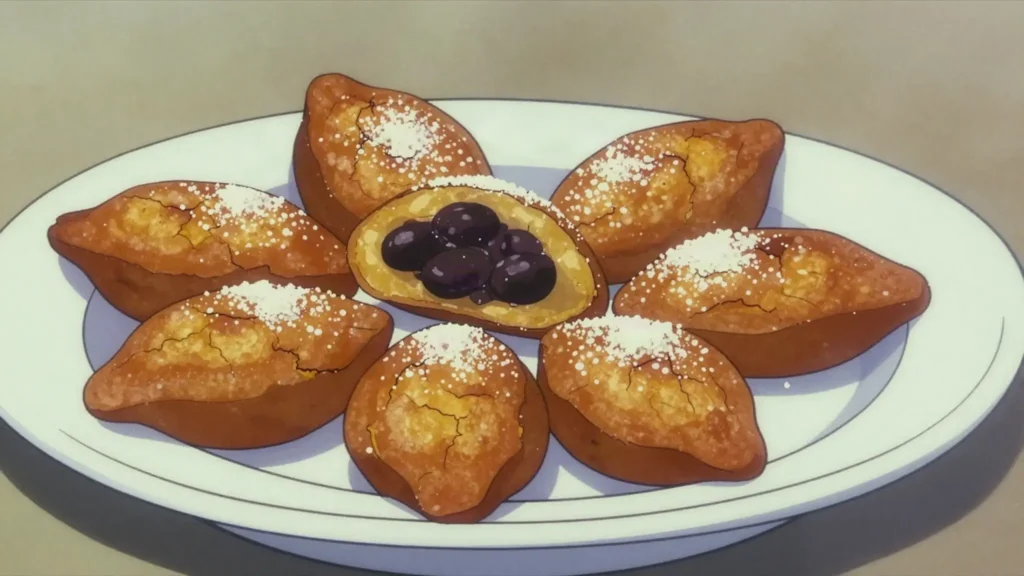 Rellenitos, fried plantain dumplings filled with sweetened black beans, Guatemala dessert, anime style