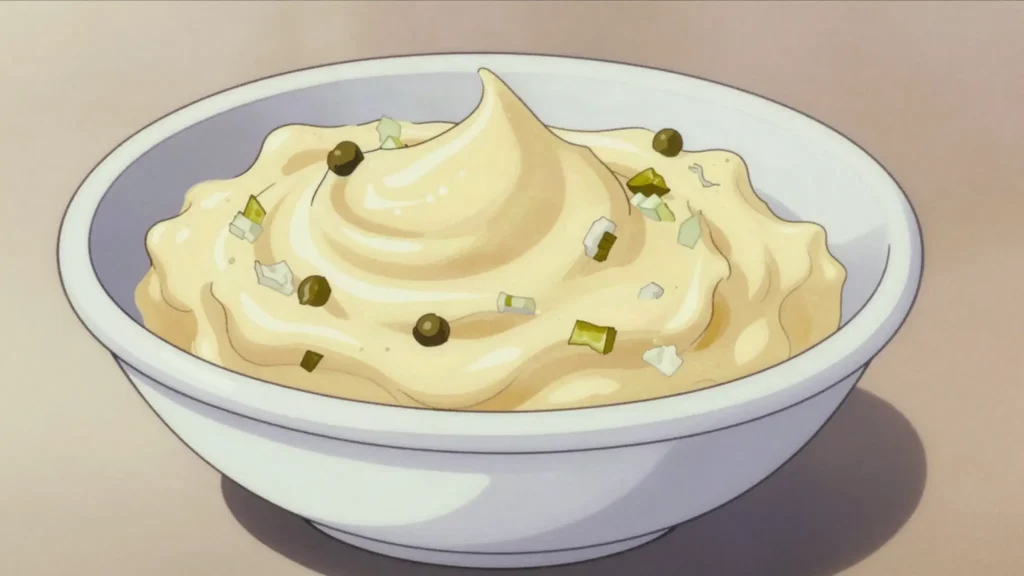 Remoulade, sweet yellow mayonnaise relish squeezed over hot dogs, fish and roast beef, Denmark sauce & condiment, anime style