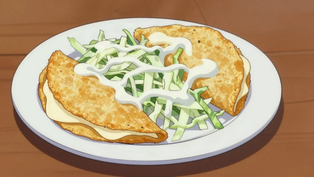 Repochetas, tortillas filled with cheese, folded and fried, topped with cabbage and cream, Nicaragua street food, anime style