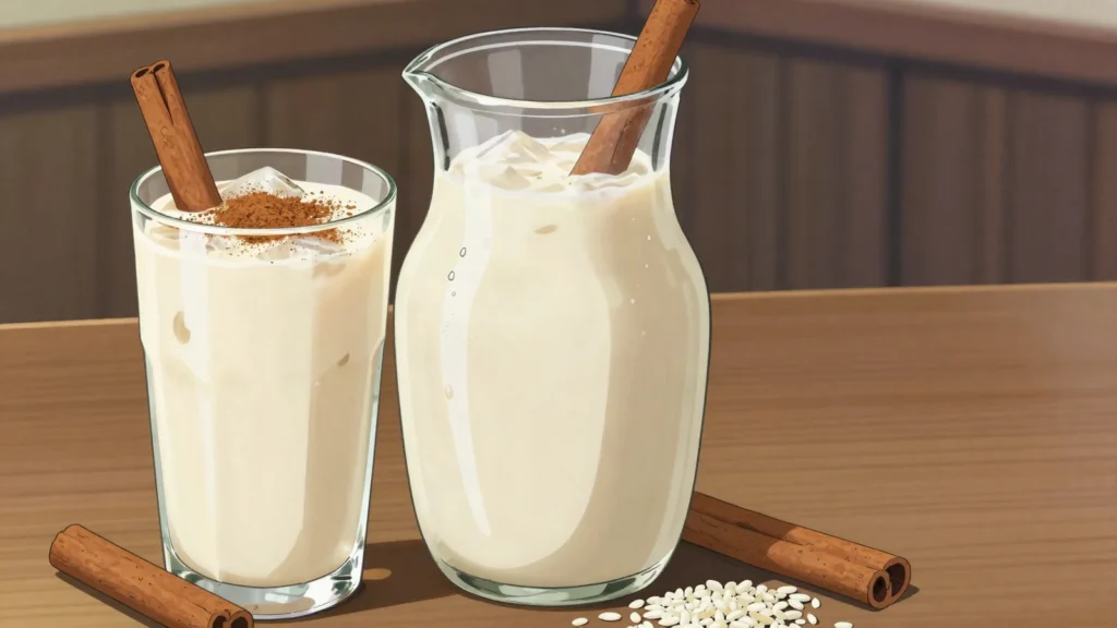 Resbaladera, creamy cold drink of rice and barley with cinnamon and milk, Costa Rica drink, anime style