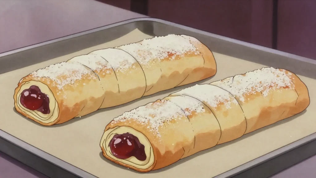 Rétes, hungarian strudel with cherry, apple, poppy or curd, Hungary bread & pastry, anime style