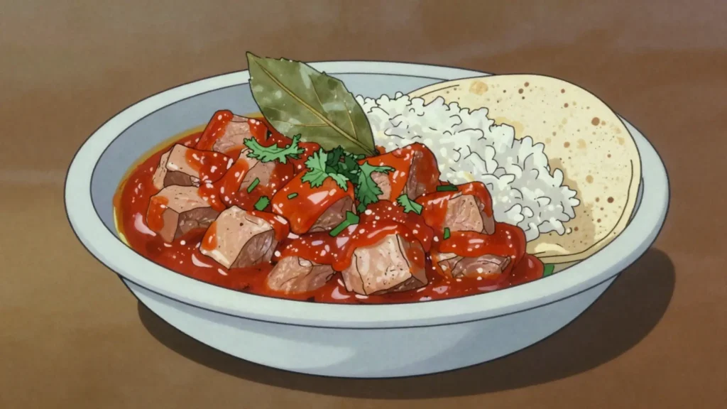 Revolcado, pork head and offal stewed in a red tomato and chile recado, Guatemala main, anime style