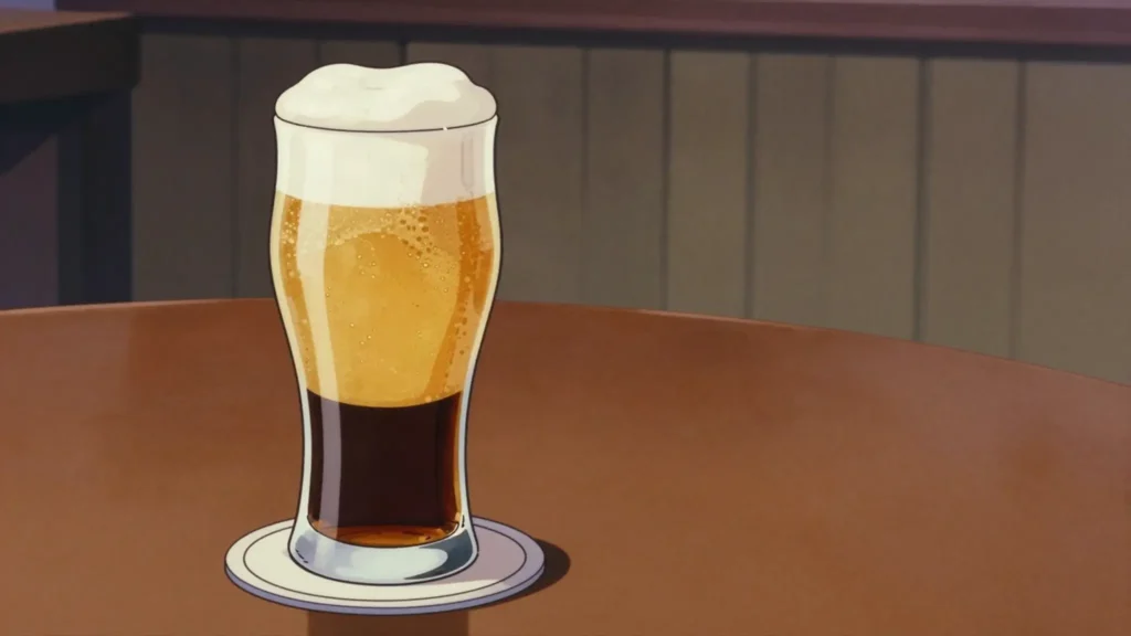 Řezané pivo, pale and dark lager poured together into one layered glass, Czechia cocktail, anime style