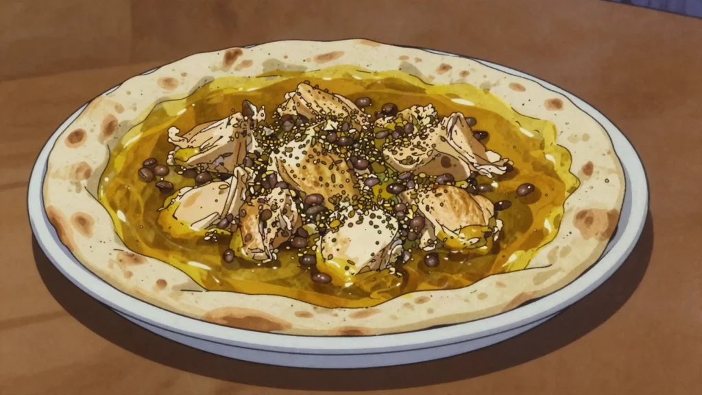 Rfissa, shredded msemen under chicken, lentils and fenugreek broth; served to new mothers, Morocco main, anime style