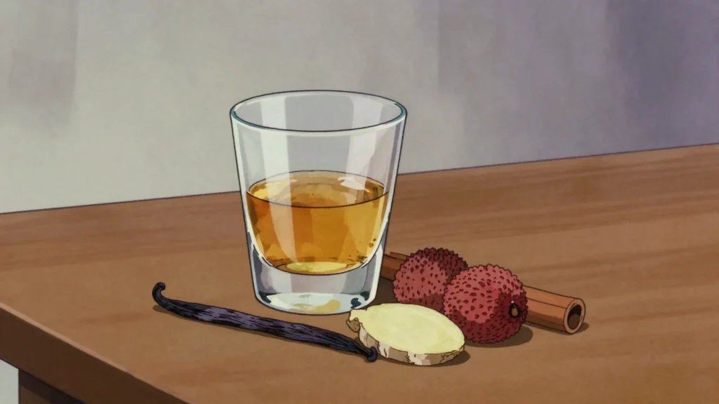 Rhum arrangé, rum steeped for months with vanilla, ginger, lychee or wild spices, Madagascar wine & spirit, anime style