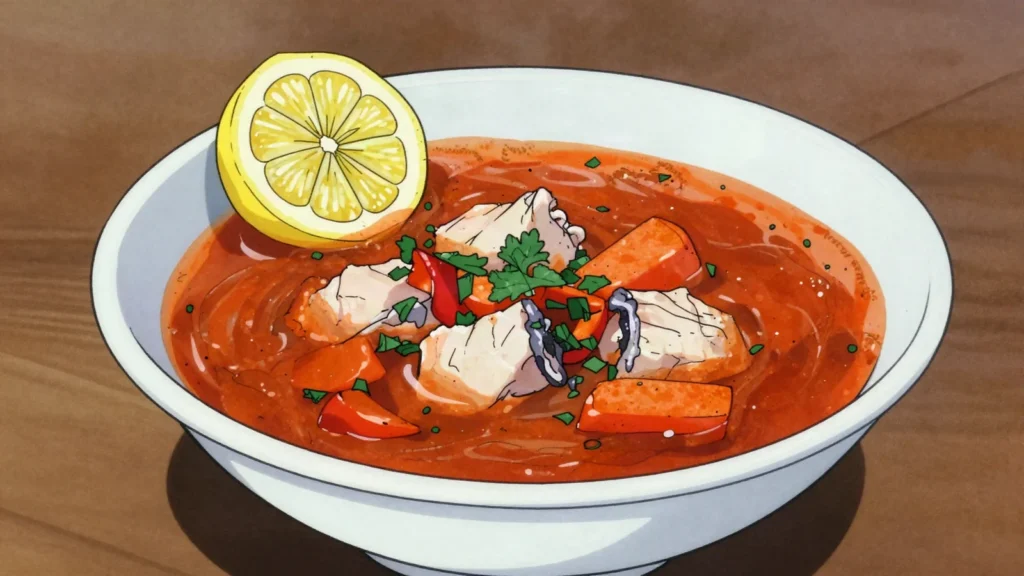 Riblja corba, peppery soup of lake or sea fish thickened with vegetables and paprika, Montenegro soup & stew, anime style