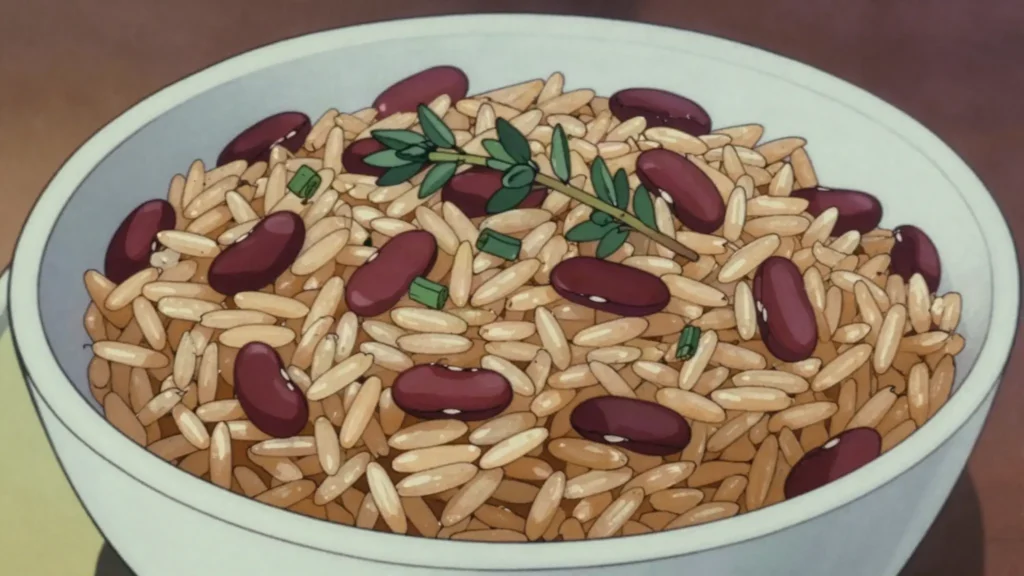 Rice and peas, coconut rice with kidney beans, the Sunday essential, Jamaica salad & side, anime style