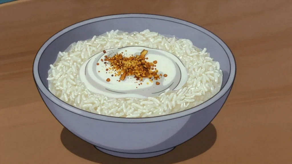 Rice pap, thin sour porridge of fermented rice, drunk hot with sugar and milk, Sierra Leone breakfast, anime style