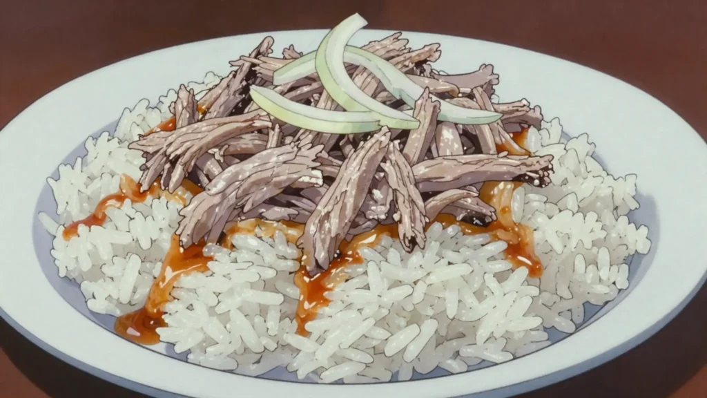 Rice with Tinned Fish, imported rice with tinned mackerel and onion, the everyday modern atoll, Kiribati main, anime style
