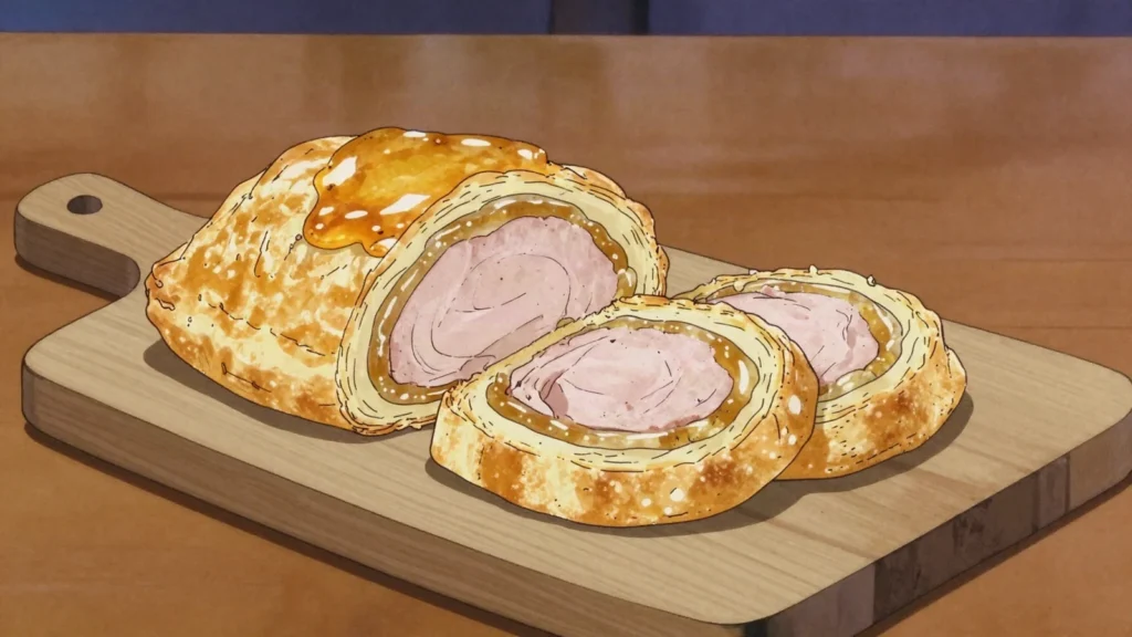 Rieslingspaschtéit, puff-pastry pork terrine loaf set with Riesling jelly, Luxembourg snack, anime style