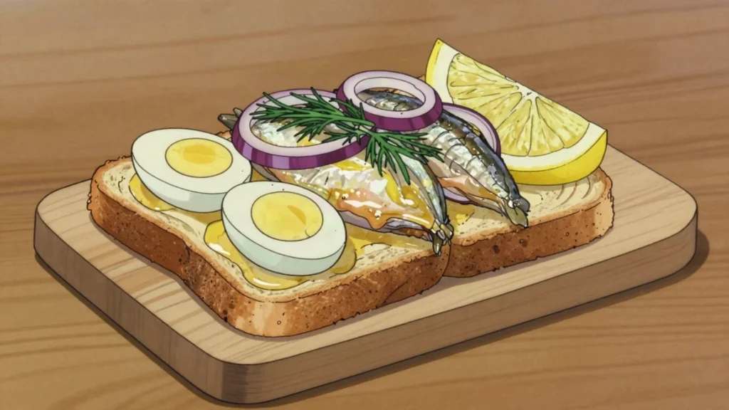 Riga sprats, golden oil-packed smoked sprats on buttered bread, Latvia charcuterie & cured, anime style