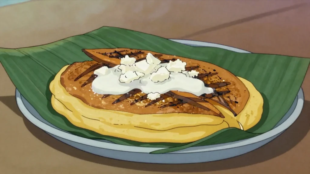 Riguas, grilled fresh corn cakes cooked in banana leaves, eaten with cream, El Salvador snack, anime style