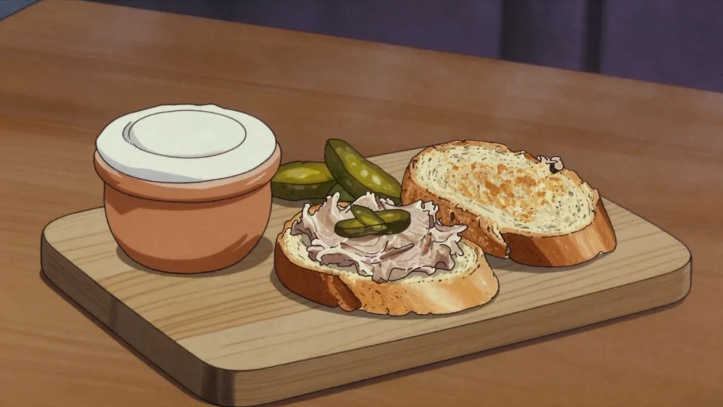 Rillettes, pork slow-cooked in fat and shredded into a spreadable potted paste, France charcuterie & cured, anime style