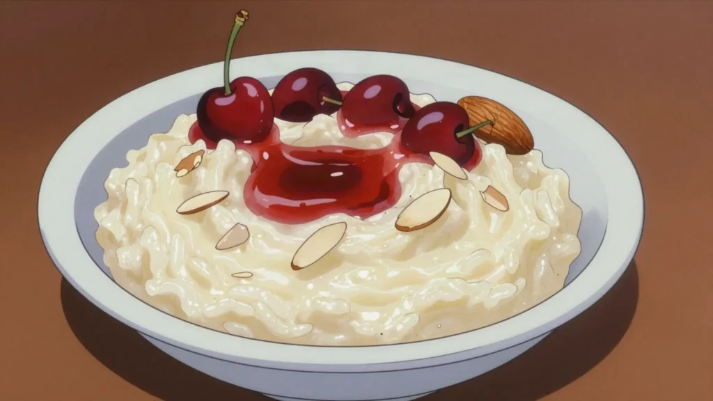 Risalamande, cold rice pudding with almonds and cherry sauce, eaten at Christmas, Denmark dessert, anime style