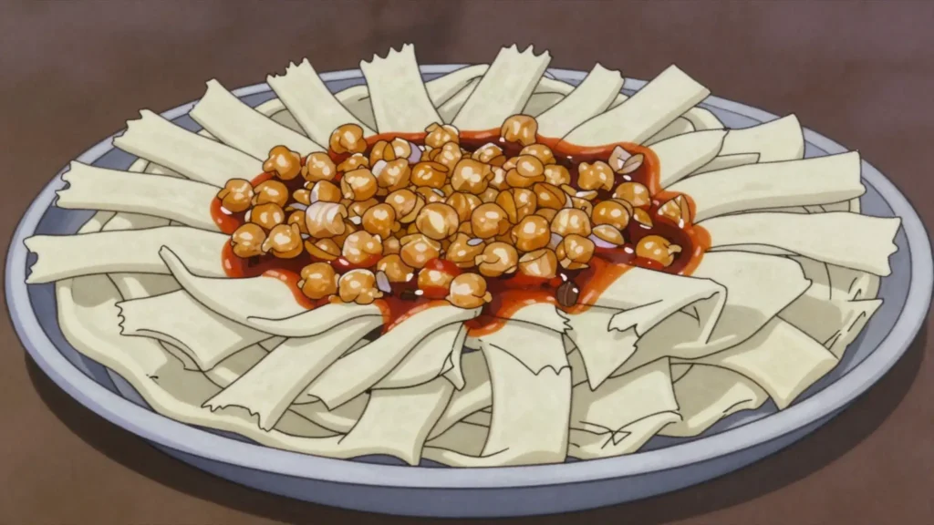 Rishda, steamed hand-cut noodles topped with chickpeas, onion and spiced sauce, Libya main, anime style