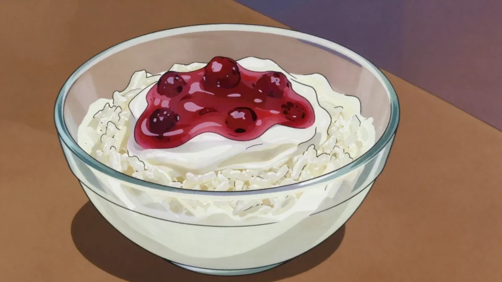 Riskrem, cold rice pudding folded with whipped cream, served with red berry sauce, Norway dessert, anime style