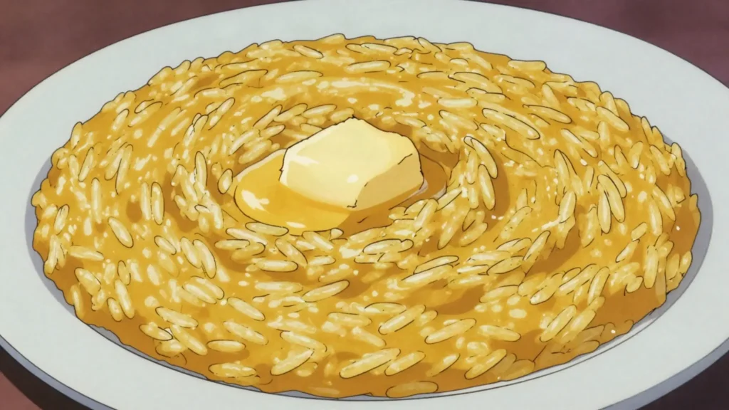 Risotto alla milanese, saffron-gilded risotto, classic beside ossobuco, Italy main, anime style