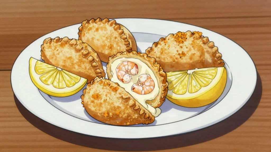 Rissóis, half-moon pastries of shrimp béchamel, breadcrumbed and fried, Mozambique snack, anime style
