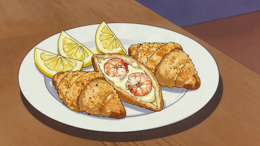 Rissóis de camarão, crescent-shaped fried pastries filled with creamy shrimp béchamel, Portugal snack, anime style