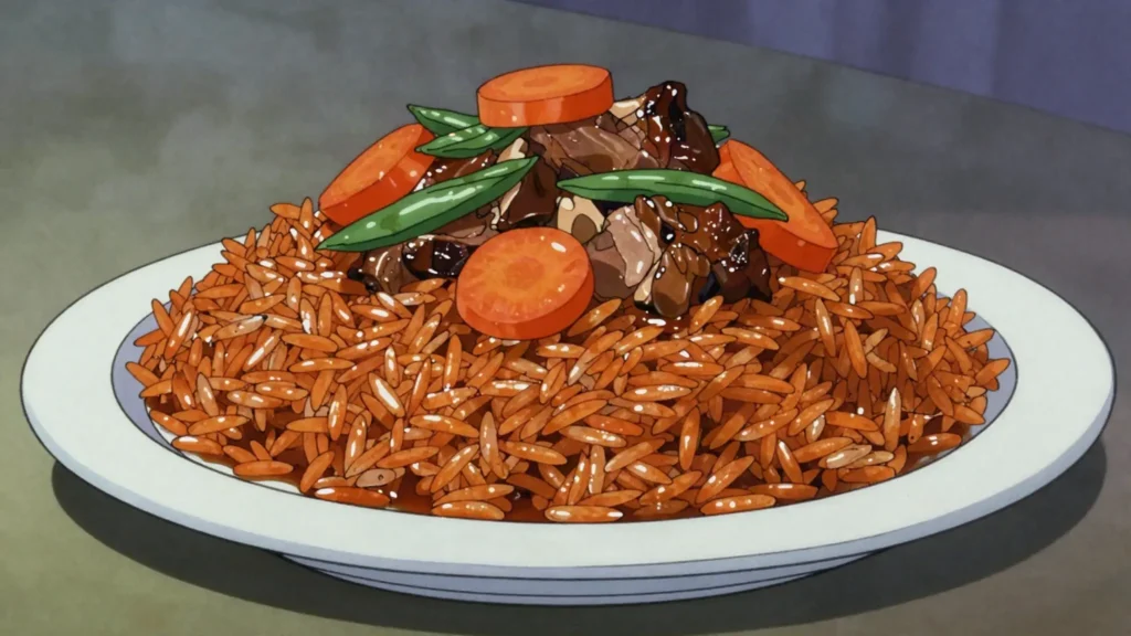 Riz au gras, party rice cooked glossy in tomato and oil with meat, Guinea main, anime style