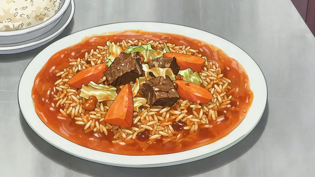 Riz gras, rich one-pot rice cooked in tomato broth with meat and vegetables, Burkina Faso main, anime style