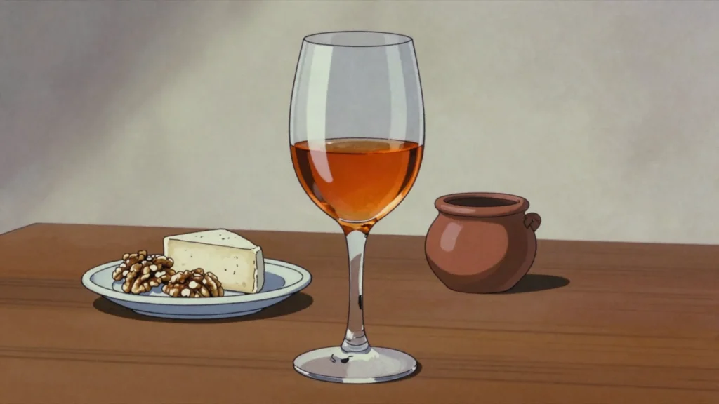 Rkatsiteli, white grape fermented on its skins in buried jars, giving amber wine, Georgia wine & spirit, anime style