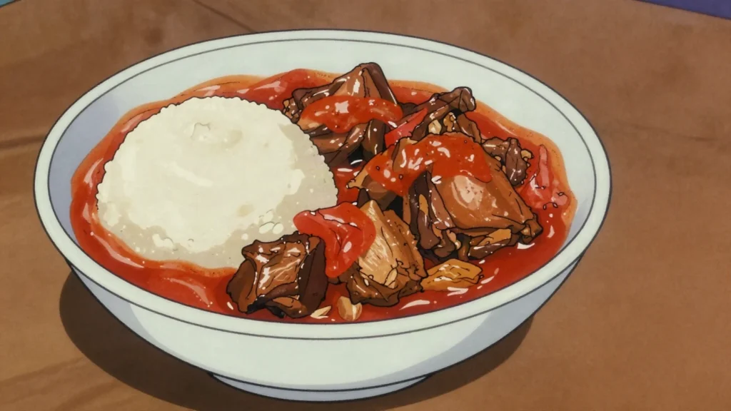 Roadrunner chicken, free-range village hen stewed slowly, prized weekend treat, Zimbabwe main, anime style