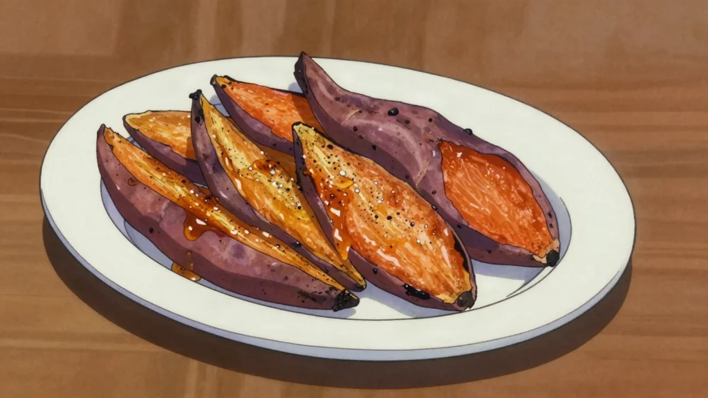 Roast Kūmara, caramelized native sweet potato, essential to a Kiwi roast dinner, New Zealand salad & side, anime style