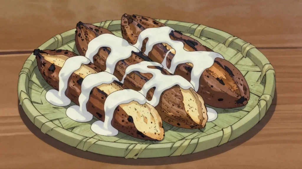 Roast Yam, earth-baked yam, the prestigious staple of Tongan feasts, Tonga salad & side, anime style