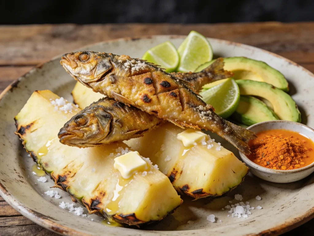 Roasted breadfruit and fried jackfish, national dish of fire-roasted, Saint Vincent and the Grenadines main, anime style