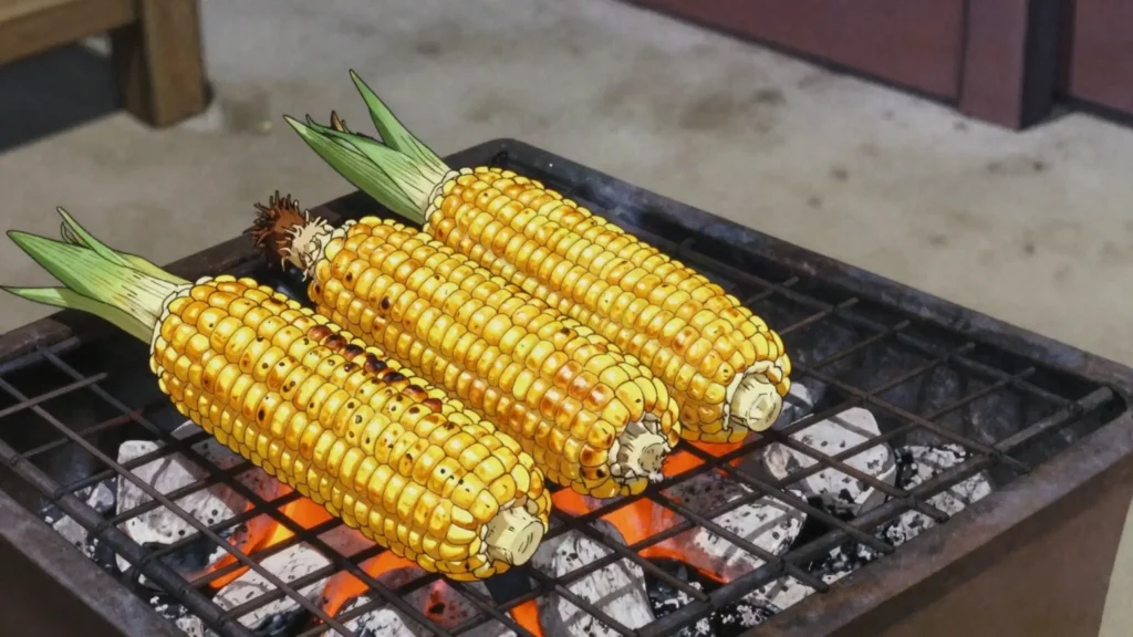 Roasted corn, fresh maize cobs peeled and roasted over coals at the roadside, Liberia street food, anime style