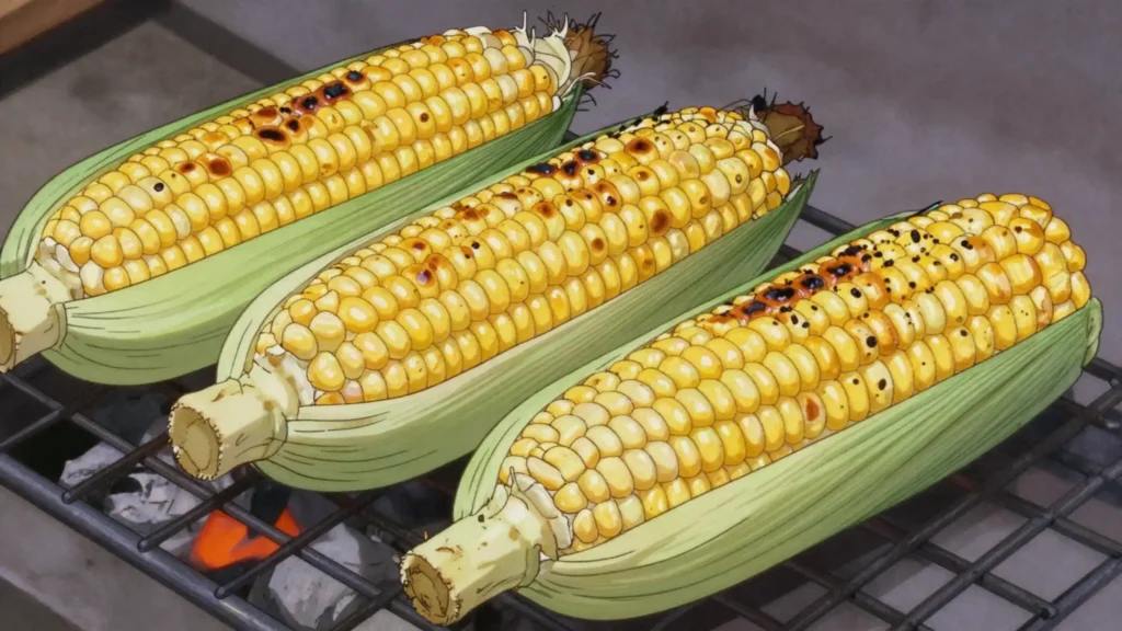 Roasted mealies, corn cobs roasted over coals at roadside stands, Eswatini street food, anime style