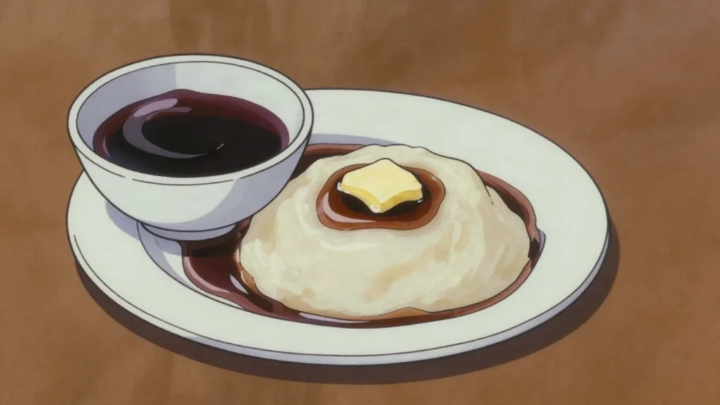Rob, thick dark date syrup poured over asida, bsisa and fresh bread, Libya sauce & condiment, anime style