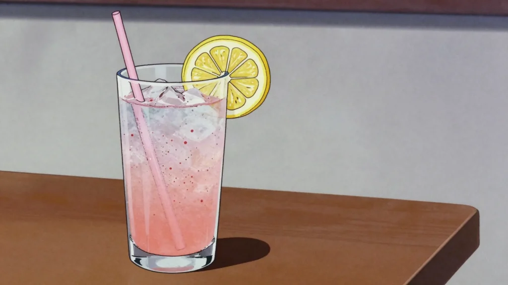Rock shandy, lemonade and soda water reddened with Angostura bitters and lemon, Zimbabwe cocktail, anime style