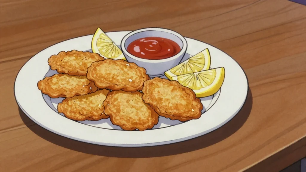 Rocky Mountain oysters, sliced, battered and deep-fried bull calf testicles served with, United States snack, anime style