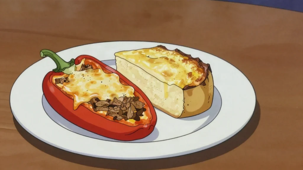 Rocoto relleno, arequipa's hot rocoto pepper stuffed with beef, baked with cheese, Peru main, anime style