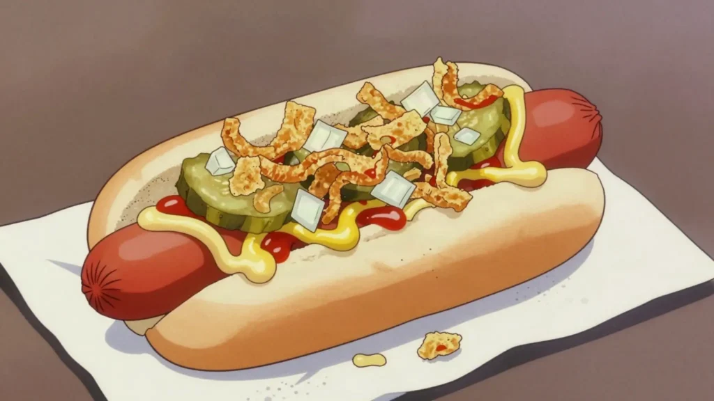 Rød pølse, red-dyed boiled sausage from pølsevogn carts; remoulade, crispy onions, Denmark street food, anime style