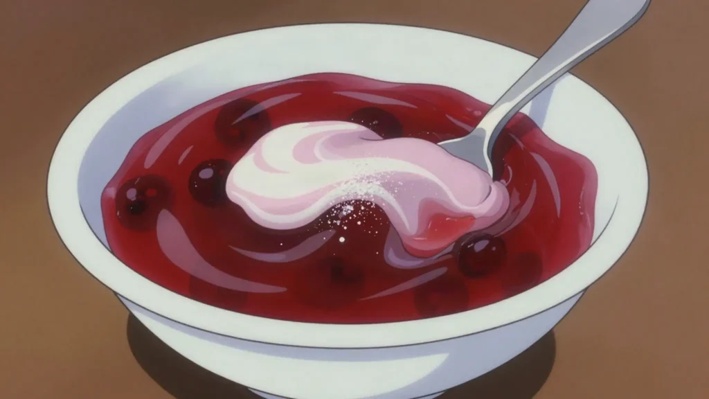 Rødgrød med fløde, red summer-berry compote with cream, a tongue-twister classic, Denmark dessert, anime style