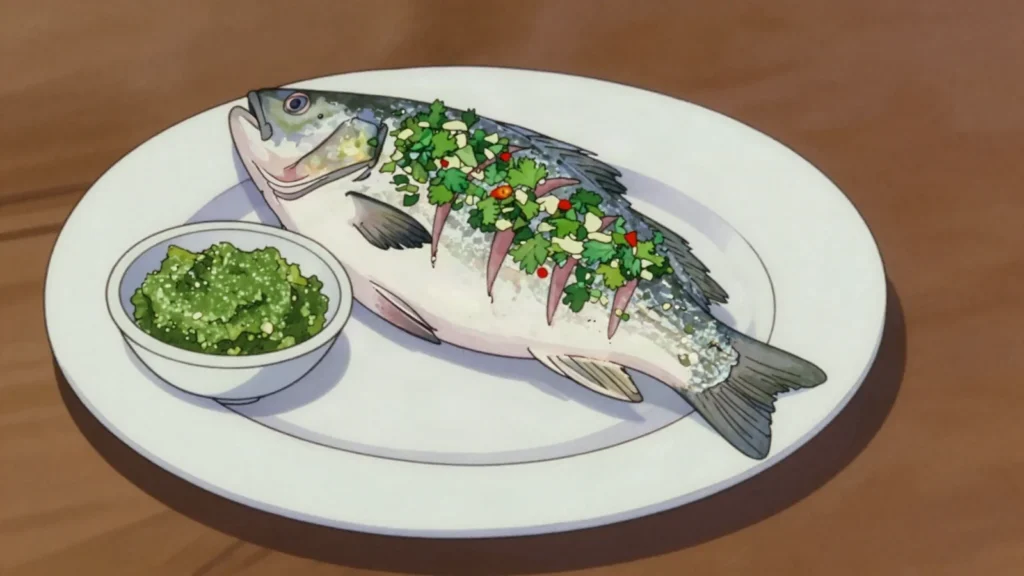 Rof, pounded parsley, garlic and chili paste stuffed into fish before cooking, Senegal sauce & condiment, anime style