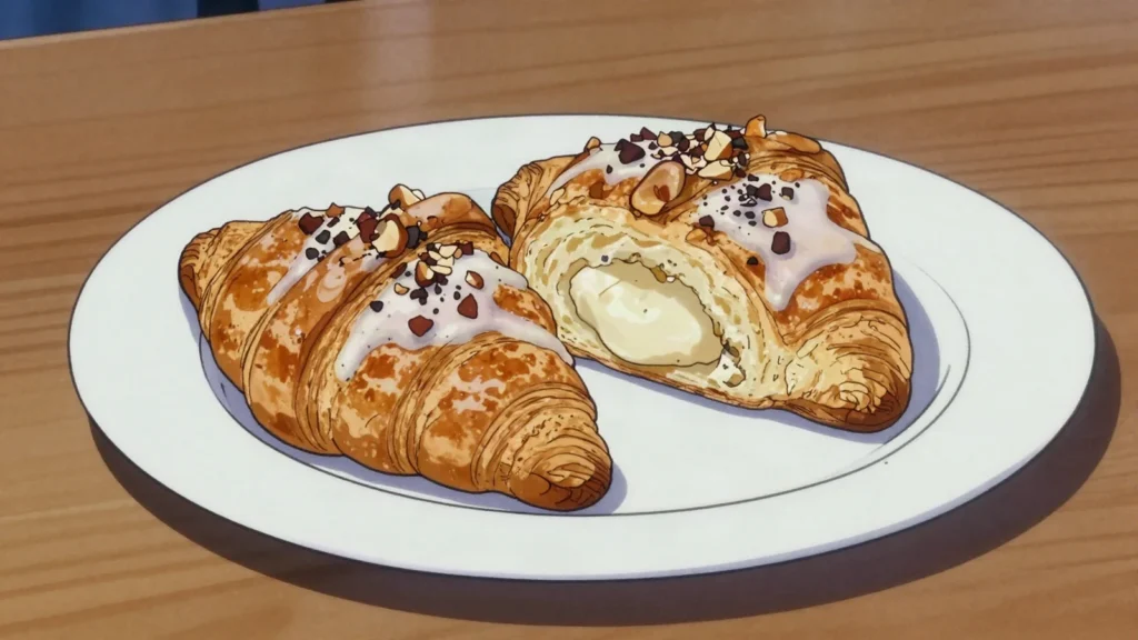 Rogal świętomarciński, croissant filled with white poppy seed paste, eaten on Saint, Poland bread & pastry, anime style